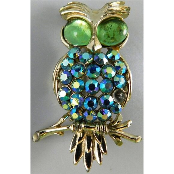 7/777 Vintage Coro Owl Silver Tone Pin 2 inches ~ Missing 1 AB Stone ~ As-Is - Picture 1 of 5